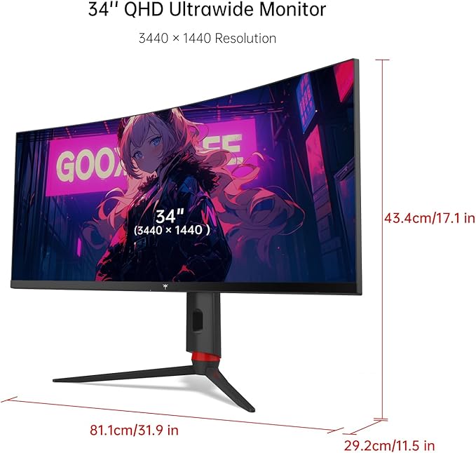 KTC 34 Inch Curved Ultrawide Gaming Monitor, 21:9, 3440x1440p 165Hz 1ms, 1500R Curved Monitor, Freesync G-sync Compatible, HDMI 2.0 x2 & DP1.4 x 2, Height/Tilt/Swivel/Pivot, H34S18S
