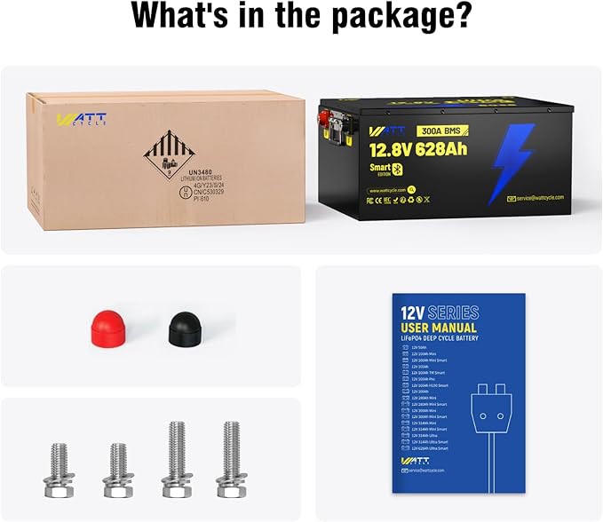 12V 628Ah LiFePO4 Lithium Battery 300A BMS, Built-in Bluetooth 5.0, Full Metal Case 8038Wh Energy, 15000+ Deep Cycles Batterys, Perfect for Home Energy, RV, Marine, Solar, Trolling Motor