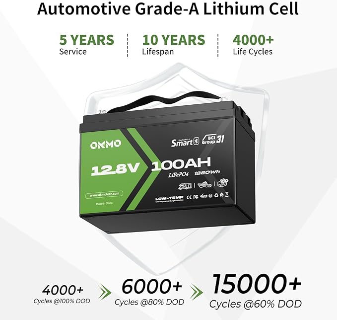 12V 100Ah LiFePO4 Lithium Battery with Bluetooth, Group 31, Built-in 100A BMS,15000+ Deep Cycles, Lightweight Rechargeable Battery for RV, Solar, Marine, Trolling Motor, Home, Off-Grid