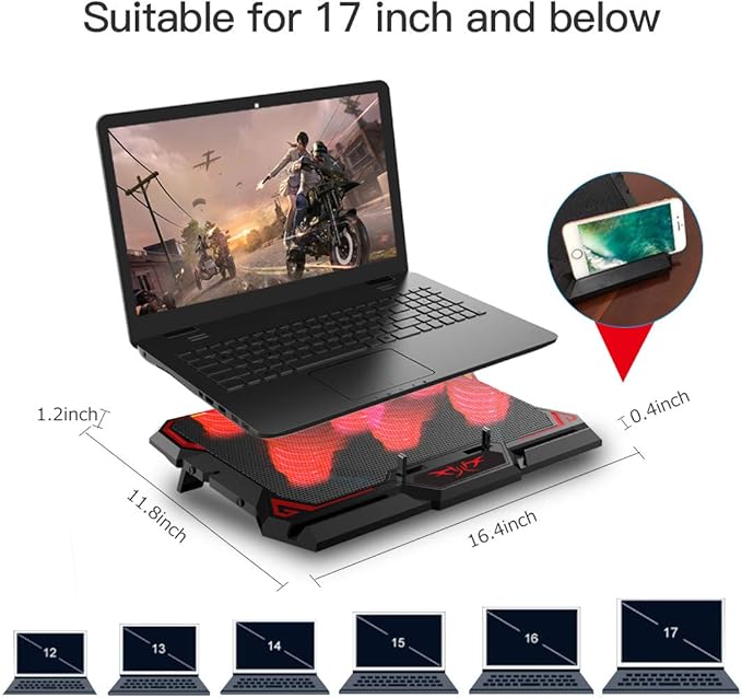 Laptop Cooling Pad, Laptop Cooler with 6 Quiet Led Fans for 15.6-17 Inch Laptop Cooling Fan Stand, Portable Ultra Slim USB Powered Gaming Laptop Cooling Pad, Switch Control Fan Speed Function (Red)