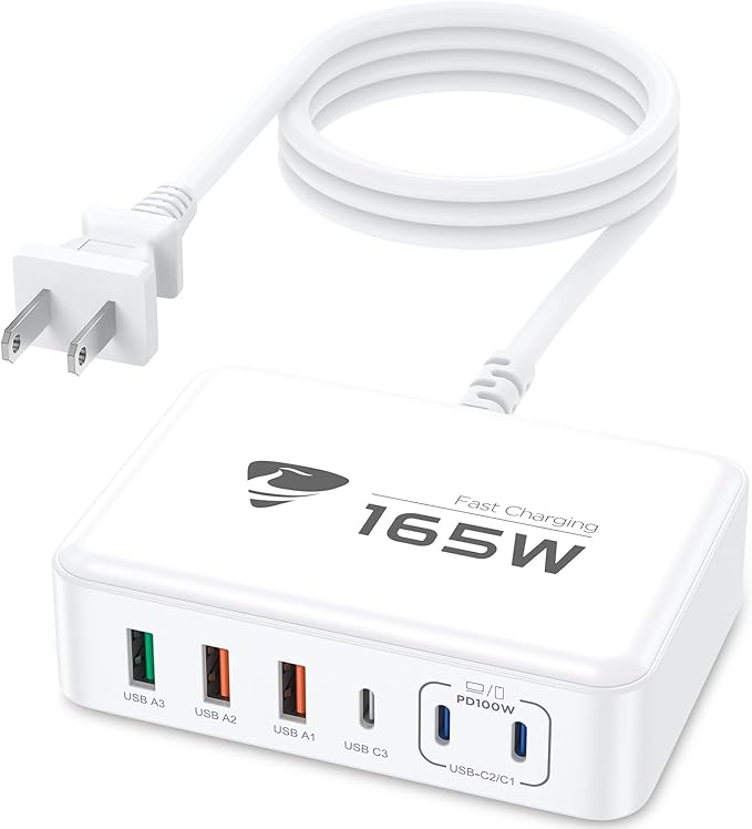 165W USB C Charging Station 6-Port GaN USB C Charger, PD 100W Laptop Hub Wall Charger Multiport USB c for MacBook Pro/Air,iPhone 15 16 Pro Max,iPad, Galaxy S24