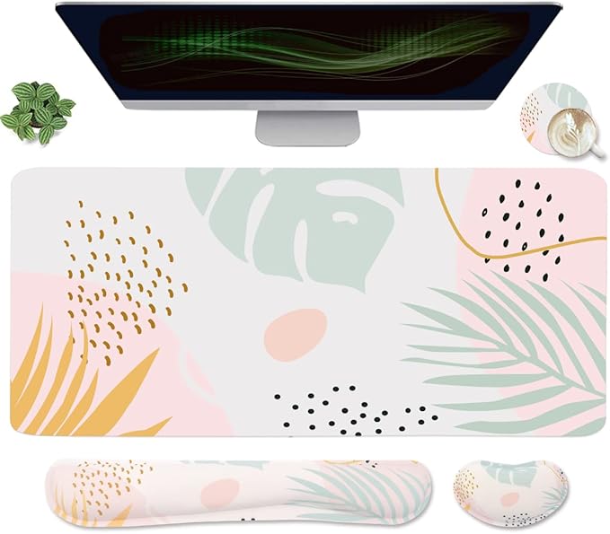 Keyboard Mouse Pad Set, Extended Mouse Pad+Keyboard Wrist Rest Support, Memory Foam Ergonomic Easy Typing, 3Pcs (35.4×15.7 in) Desk Pad Set for Home Office Study Game-Plant