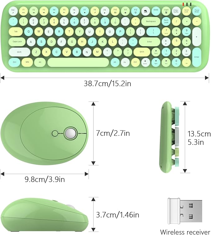 KNOWSQT Wireless Keyboard and Mouse Combo, Light Green 100 Keys 2.4 GHz Round Keycap Typewriter Cute Keyboards, USB Receiver Plug and Play, for Windows, PC, Laptop, Computer, Desktop