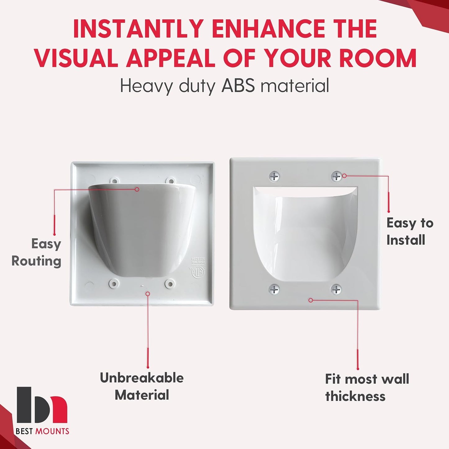 1 Pack Wall Plate with Bracket - In Wall Cable Management Kit - Recessed Wall Plate Cable Pass Through Pair with Dual Gang Low Voltage Mounting Bracket - TV Cord Hider for Wall Mounted TV