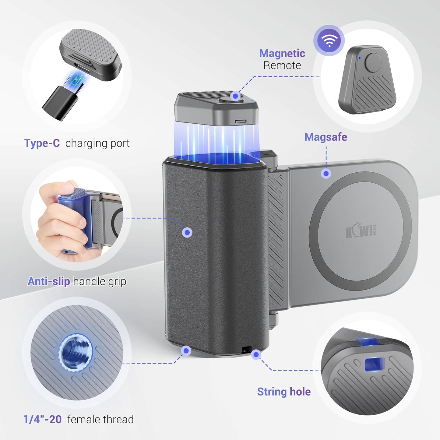 KIWIFOTOS for Magsafe Phone Camera Grip Magnetic Phone Tripod Handle with Bluetooth Remote & Tripod Mount Adapter for iPhone 16 Pro Max Samsung Smartphone Vlog Video Shooting (Gray)