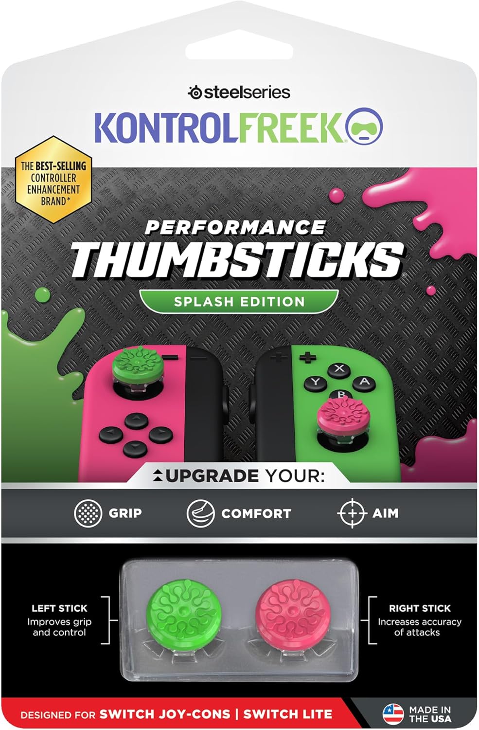 KontrolFreek Splash Performance Thumbsticks for Nintendo Switch Joy-Con Controller | Concave | Green/Pink