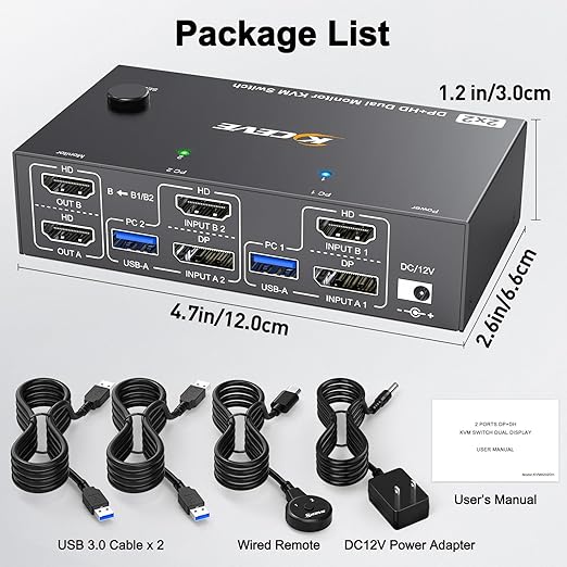 KVM Switch 2 Monitors 2 Computers 8K@60Hz/4K@144Hz, HDMI Displayport KVM Switches for 2 PC Sharing Dual Monitor and Keyboard Mouse with Power Adapter, Wired Extend Controller and USB3.0 Cables