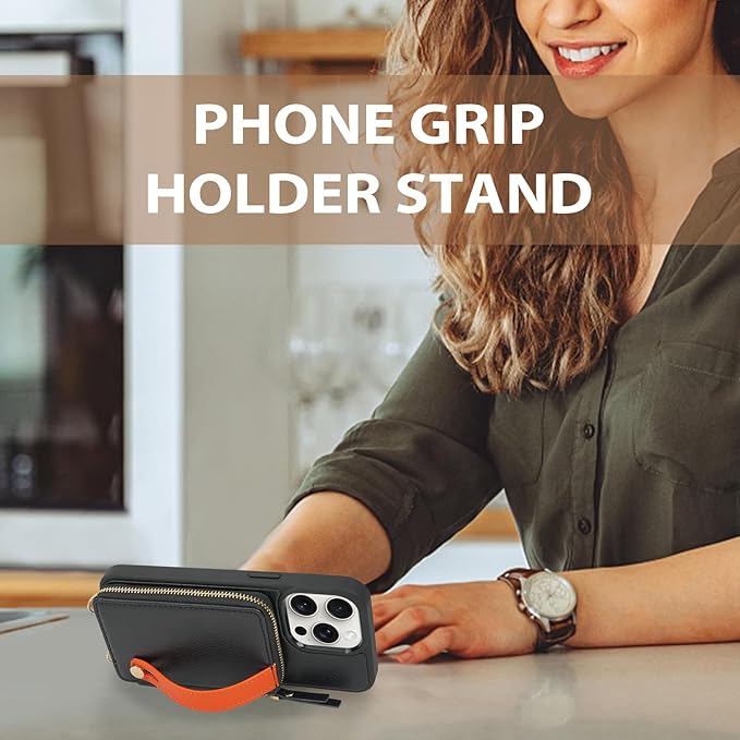 LAMEEKU for iPhone 15 Pro Wallet Case with Card Holder, Zipper Leather Crossbody Case with Kickstand Wrist Strap Lanyard for Women, Protective Cover with Phone Grip Holder Stand 5G 6.1 inch Black