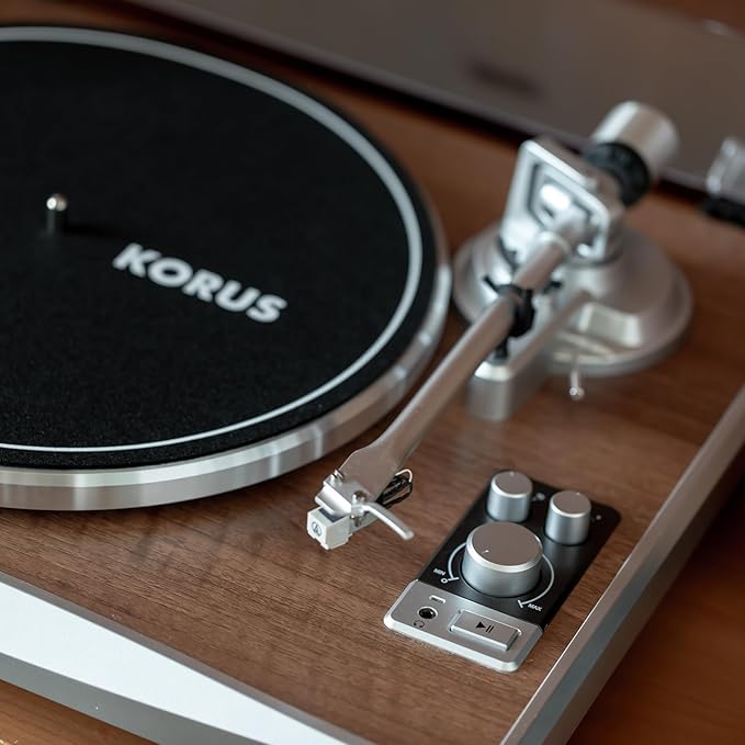 KORUS Record Player with External Speakers,Bluetooth Turntable,Belt-Drive Turntable 2-Speed, Adjustable Counterweight,Vintage LP Players