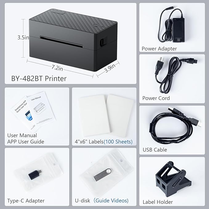 Label Printer, Bluetooth Shipping Label Printer with Black Label Holder, 4x6 Thermal Printer for Shipping Packages, Compatible with Android, iOS, Windows, Mac, Chromebook, Amazon, Ebay, UPS