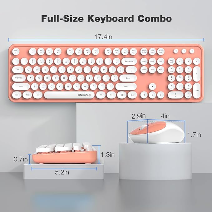 KNOWSQT Wireless Keyboard and Mouse Combo - White-Orange Full-Sized 2.4 GHz 104 Keys Typewriter Cute Keyboard, Round Keycap and Optical Mouse for Windows, Computer, PC, Laptop, Desktop
