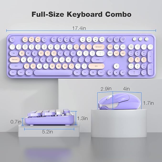 KNOWSQT Wireless Keyboard and Mouse Combo Purple Colorful - 2.4G Typewriter Full-Size Retro Keyboards - USB Receiver Plug and Play, for Computer, PC, Laptop, Desktop, Windows