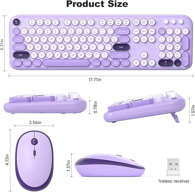 KNOWSQT Wireless Keyboard and Mouse Combo - Lovely Violet Rainbow Full-Sized Typewriter Colorful Keyboards, Round Keycap USB Plug Play Retro Cute Keyboards for Windows, Laptop, PC, Desktop, Computer