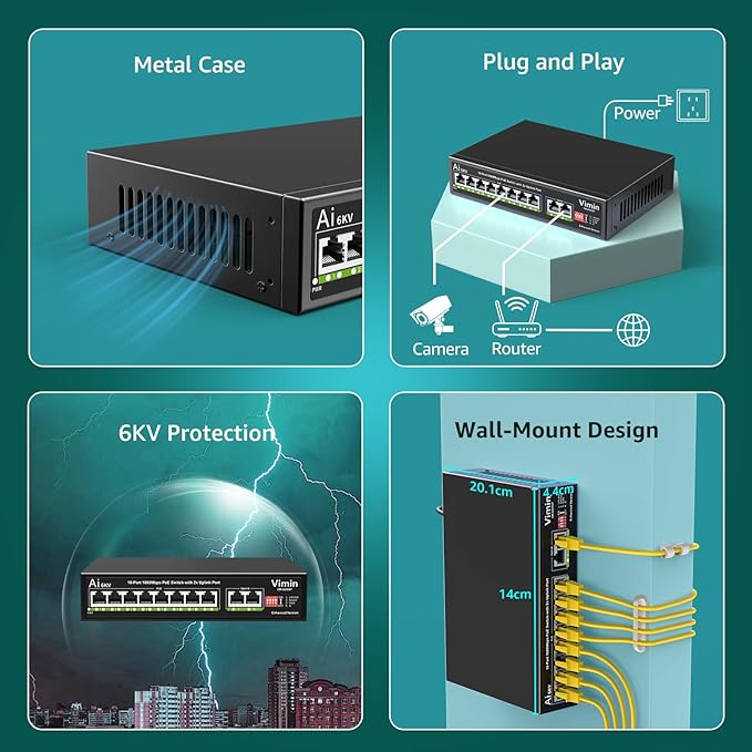 10-Port Gigabit PoE Switch with 8 Port PoE, VIMIN 8-Port Unmanaged 10/100/1000Mbps Network PoE Switch with 2 Uplink Ports, AI Watchdog, VLAN, Extend 250m, Support IEEE802.3af/at