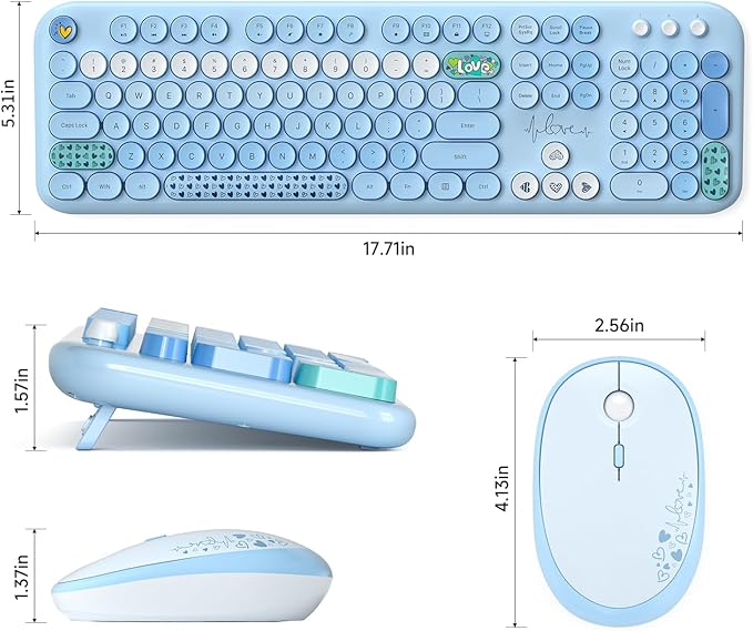 KNOWSQT Wireless Keyboard and Mouse Combo - Lovely Blue Rainbow Full-Sized Typewriter Colorful Keyboards, Round Keycap USB Plug Play Retro Cute Keyboards for Windows, Laptop, PC, Desktop, Computer
