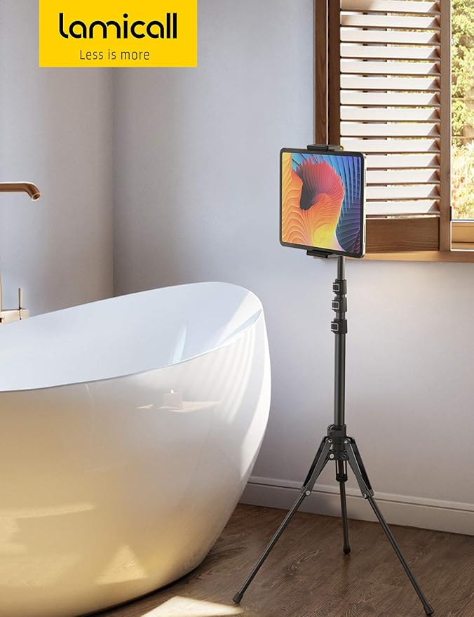 Lamicall Tablet Floor Tripod Stand - 64.9" Tablet Holder Mount with Adjustable Height for Stream/Watching with Bluetooth Remote, for iPad Pro 12.9, Mini, Air, iPhone and 4.7-13" Tablet and Cellphone