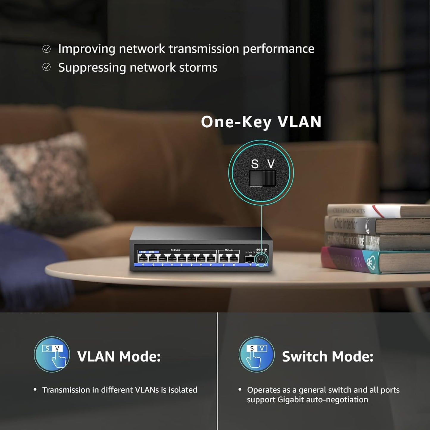 11-Port PoE Gigabit Switch, 8 PoE+ Port, 2 Gigabit Uplink, 1 SFP Port, 120W AI Detection, Qos, Fanless Metal Plug & Play Unmanaged Network Switch