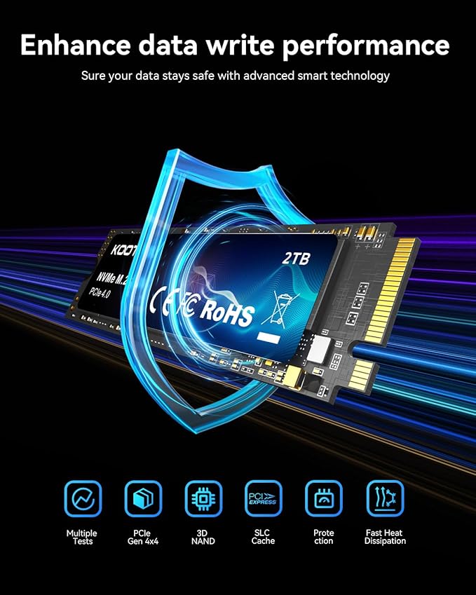 KOOTION 2TB NVMe Internal SSD PCIe 4.0, M.2 2280 NVMe Gen 4 Internal Solid State Drive Up to 5000MB/s, Storage Memory for PC