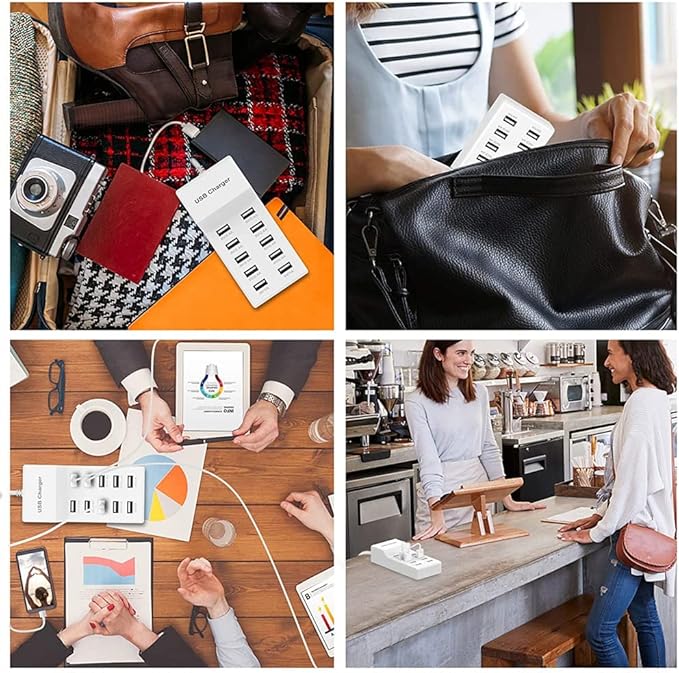 10-Port USB Wall Charger Station with Rapid Charging Auto Detect Technology Safety Guaranteed Family-Sized USB Ports for Multiple Devices Smart Phone Tablet Laptop Computer