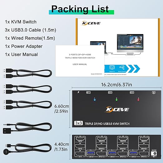 KVM Switch 3 Monitors 3 Computers 8K@60Hz, MLEEDA HDMI + 2* Displayport Triple Monitor KVM Switch,3 Monitor KVM with 4 USB 3.0 Ports for Keyboard Mouse Printer, Wired Remote and Power Adapter Included