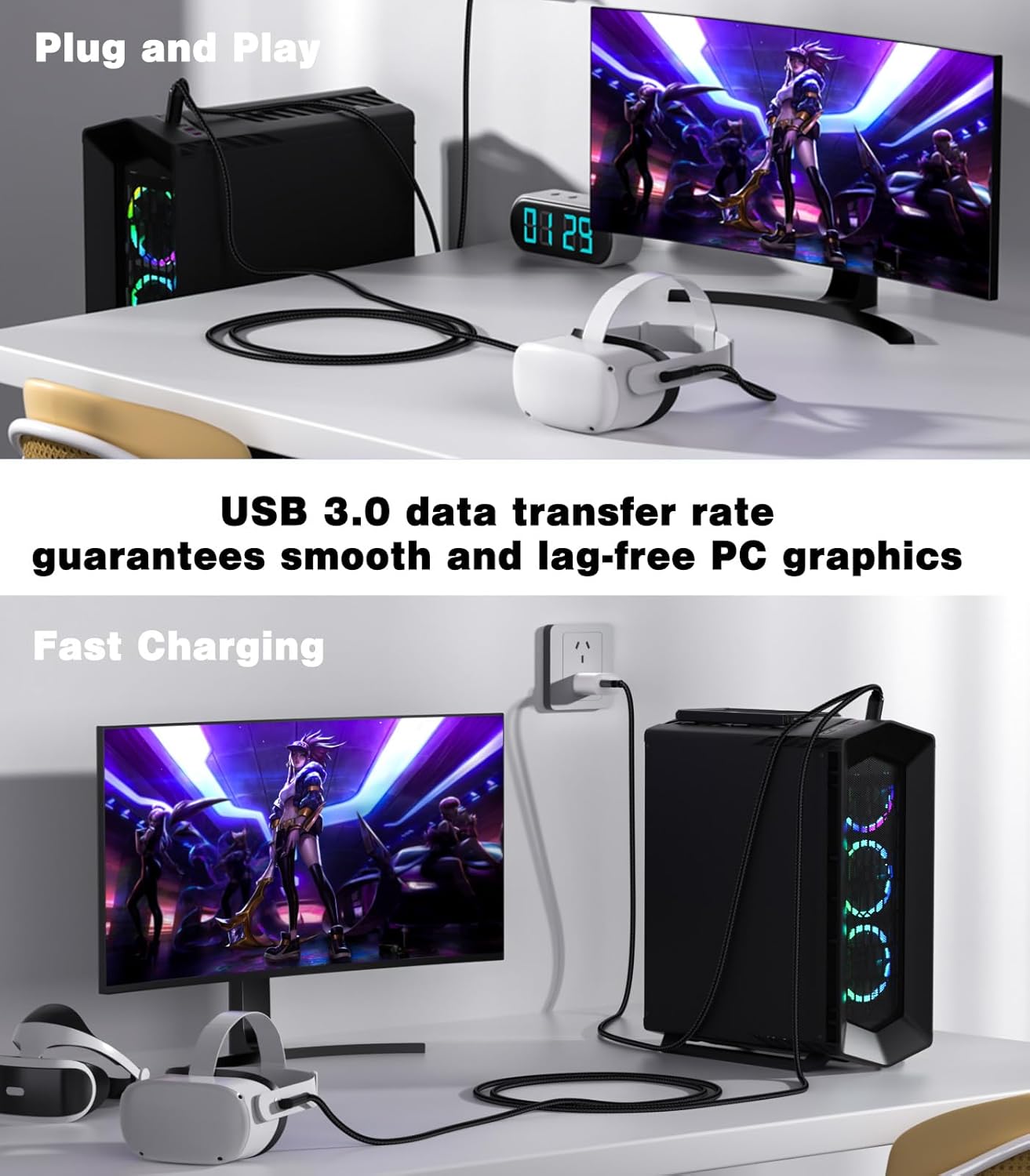 16FT VR Charging Link Cable | USB 3.0 High-Speed Data & Charge for Meta Quest 3S/3/2/Pro, Pico 4 and PC/SteamVR USB-C Charger Cord for VR Headset - Black