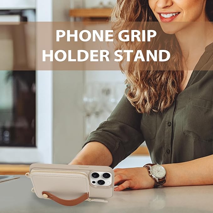 LAMEEKU for iPhone 15 Wallet Case with Credit Card Holder, Zipper Leather Crossbody Case with Phone Grip Holder Stand Wrist Strap Lanyard for Women for Apple iPhone 15 6.1 inch Beige