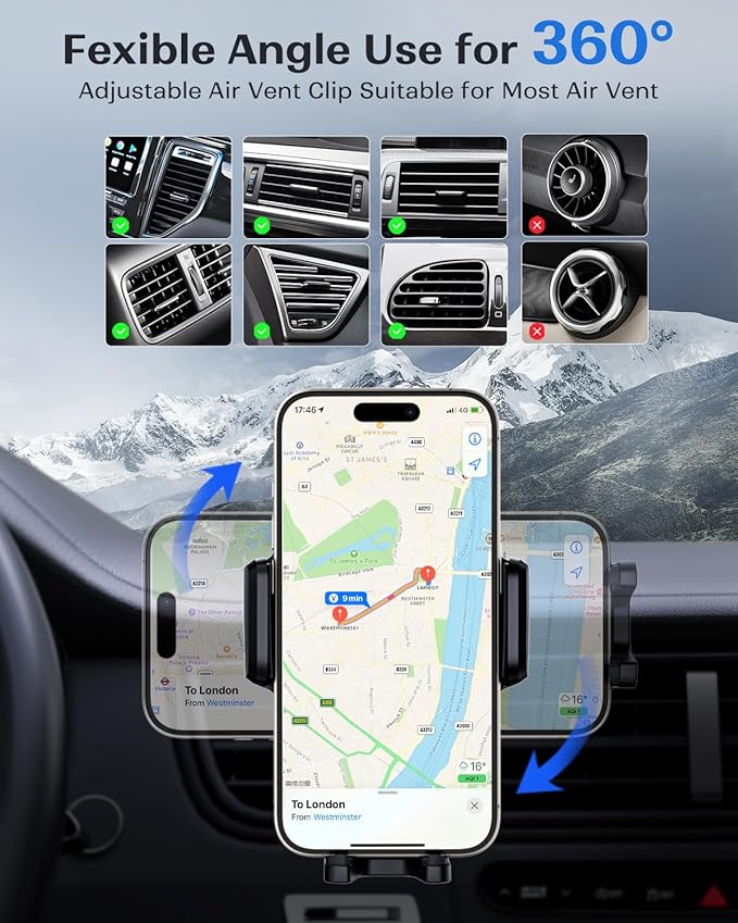 KPON Wireless Charger for Car, Car Phone Holder Charger Mount Qi Certified Auto Clamping 15W Fast Charging for Dashboard Air Vent Windshield Mount for Samsung Galaxy/iPhone 16 15 14 13 12 /Google/LG