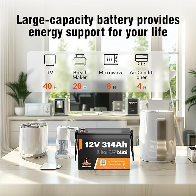 12V 314Ah (300Ah) LiFePO4 Lithium Mini Battery, Max. 4019Wh Energy, 15000+ Deep Cycles, 100A BMS Lithium Iron Phosphate Rechargeable Battery Great for RV, Marine and Off Grid Applications