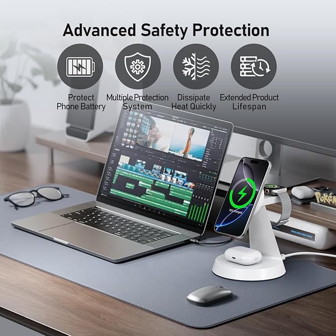 3 in 1 Wireless Charging Station for Apple, Charger Stand for Multiple Apple Devices, Wireless Charging Station for iPhone 16/15/14/13/12 Series, Wireless Charger for AirPods, iWatch Series (White)