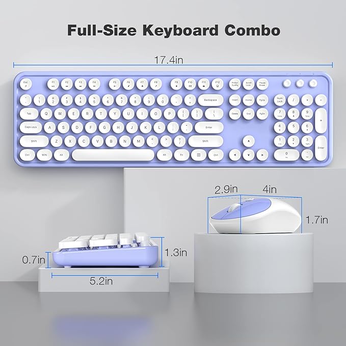 KNOWSQT Wireless Keyboard and Mouse Combo - White-Purple Full-Sized 2.4 GHz 104 Keys Typewriter Cute Keyboard, Round Keycap and Optical Mouse for Windows, Computer, PC, Laptop, Desktop