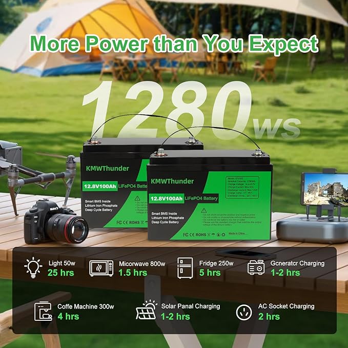 12V 100Ah LiFePO4 Lithium Battery, Built-in Smart BMS, Low Temperature Protection Group 24 Deep Cycle Battery for Trolling Motor, RV, Solar, Marine, Camping and Off Grid Applications 2 Pack