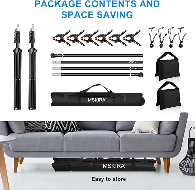 10 x 6.9 Ft Photo Backdrop Support Stand, MSKIRA Adjustable Background Stand, Backdrop Support System Kit for Parties Screen Back Drops Events Decoration, with 6 Clamps, 4 Clips, 2 Sandbags, Carry Bag