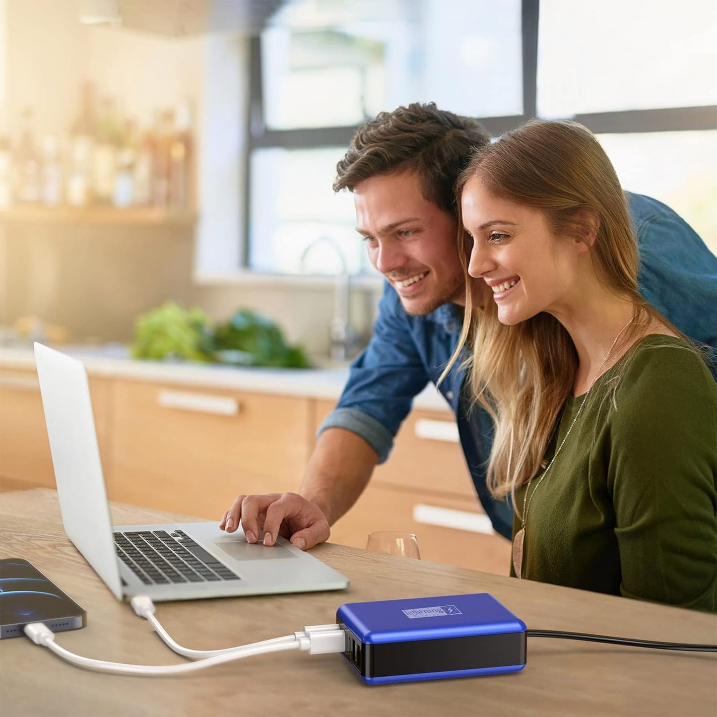 100W USB C Charger, 5 Port USB Tower Charging Hub Fast Charger for iPhone,iPad,MacBook, Super Fast Charging for Samsung, Multi USB Block with Flat Plug, Travel Charger for Multiple Devices, Blue