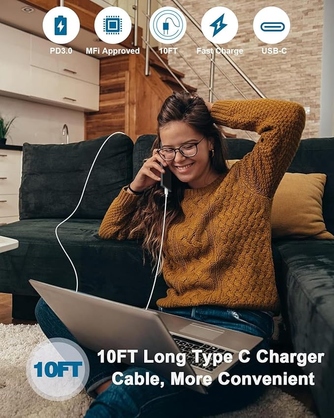 10FT Apple iPhone 16 Charger,2Pack Extra Long 10Foot Type C Cable Cord 20W USB C Charger Travel Plug Super Quick Charging for iPhone 16e/16 Pro/16 Pro Max/16 Plus/15/15 Pro/15Pro Max/iPad Mini/Air/Pro