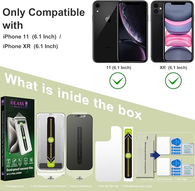 (2-Pack Matte Privacy Anti-Spy Screen Protector for iPhone 11/XR (6.1-Inch),9H Tempered Glass,Anti-Glare,Full Coverage,Anti-Fingerprint,Auto Dust Removal,Bubble-Free