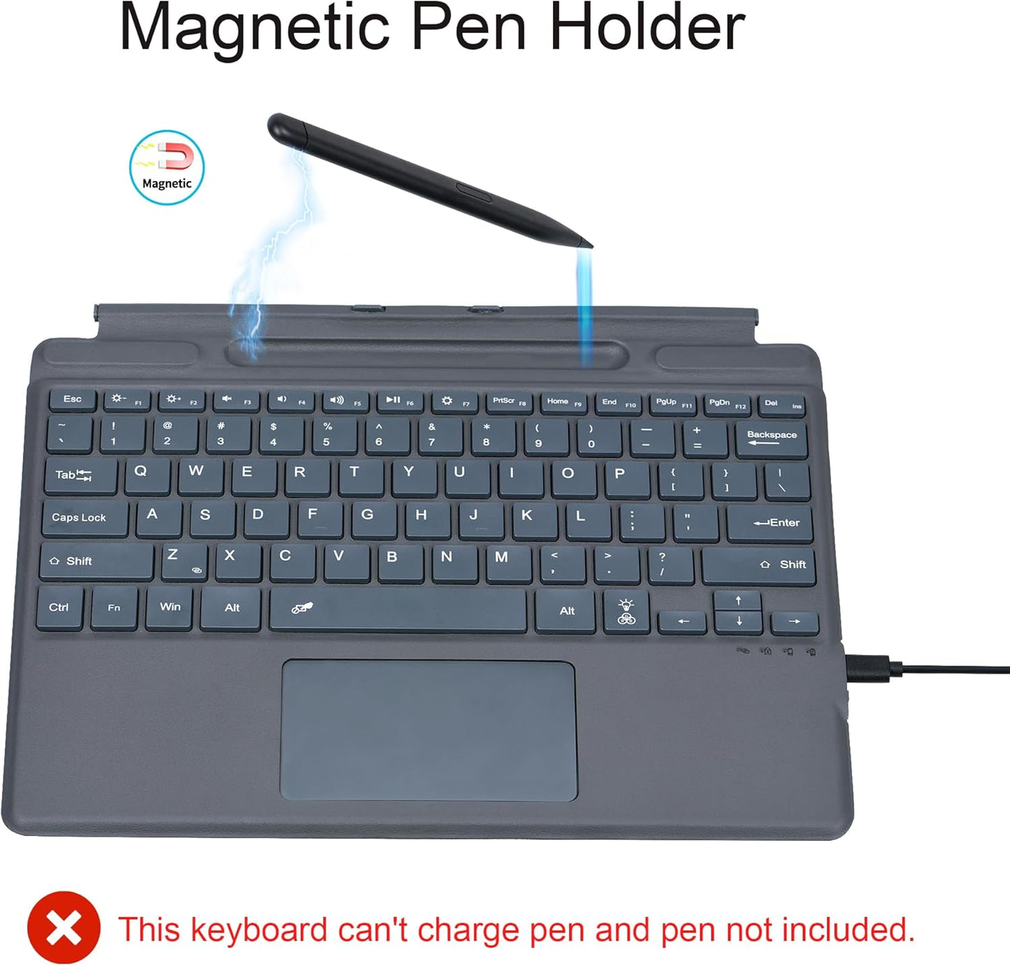 Keyboard for Microsoft Surface Pro Copilot+ (11th Edition) / Pro 11 / Pro 10 / Pro 9 / Pro 8 / Pro X, 13 inch, Detachable Type Cover with Touchpad, Pen Holder (Grey Without Backlit)