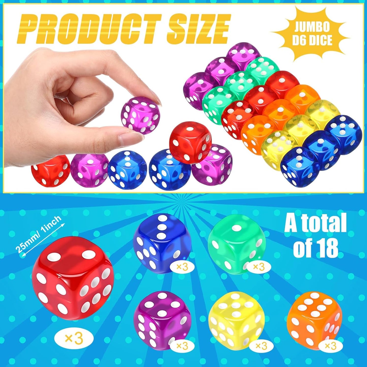 18 Pcs Casino Theme Party Dice Large Opaque Jumbo Acrylic D6 Dice for Casino, Craps, Table Games and Board Games(19 mm,Vivid Color)