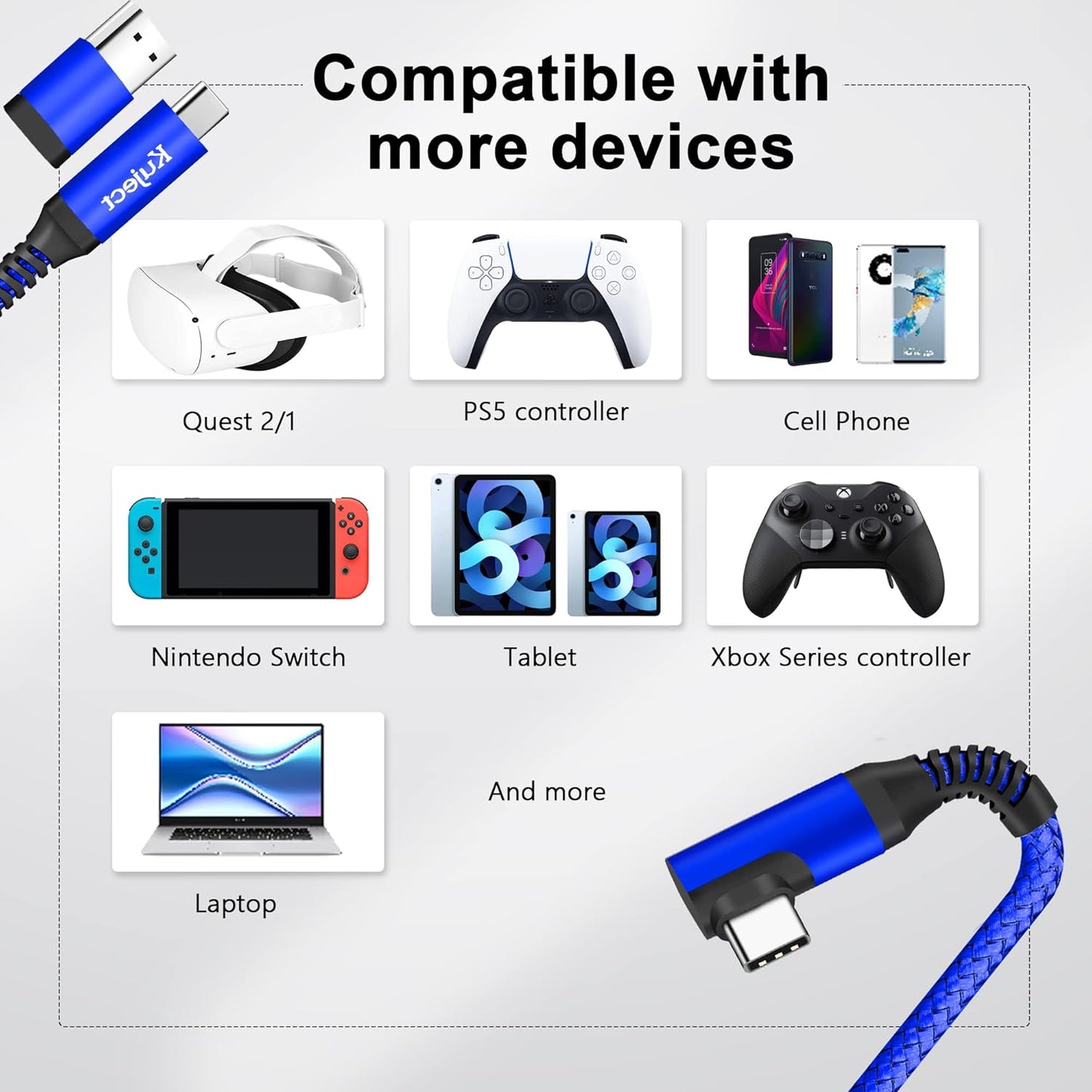 Kuject Link Cable 20FT Compatible for Quest 3S/3, Quest 2/Pro, Pico 4, Nylon Braided Accessories for Rift S/Steam VR Games, USB 3.0 Type C to C High Speed Data Transfer Cord for Gaming PC, Blue