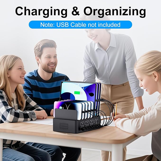 150W/35A Charging Station for Multiple Devices, 16 Port USB C Fast Charging Station with Adjustable Dividers - Organizer Charging Dock for Smartphone, iPad, Kindle, Tablet & More