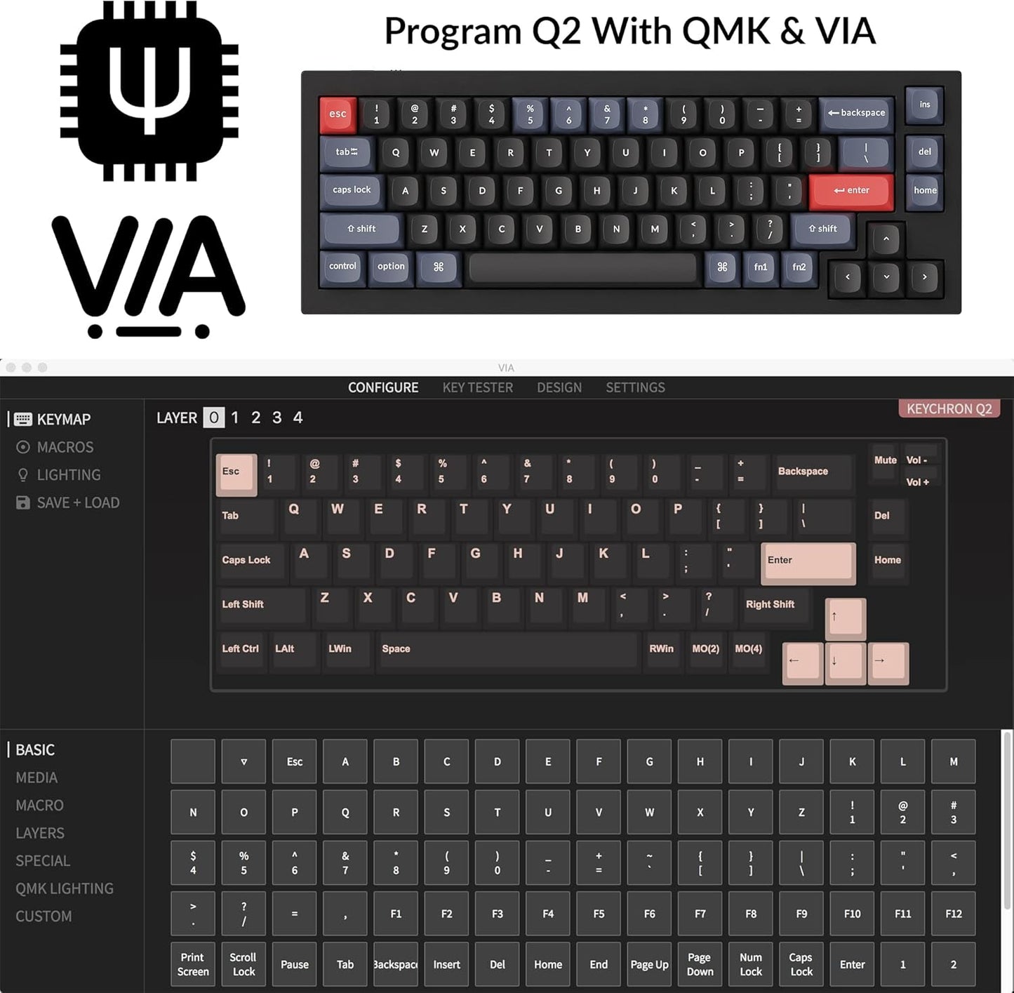 Keychron Q2 Wired Custom Mechanical Keyboard, QMK/VIA Programmable Macro, Full Aluminum, Hot-Swappable Gateron G Pro Blue Switch, 65% Layout Double Gasket Compatible with Mac and Windows - Black