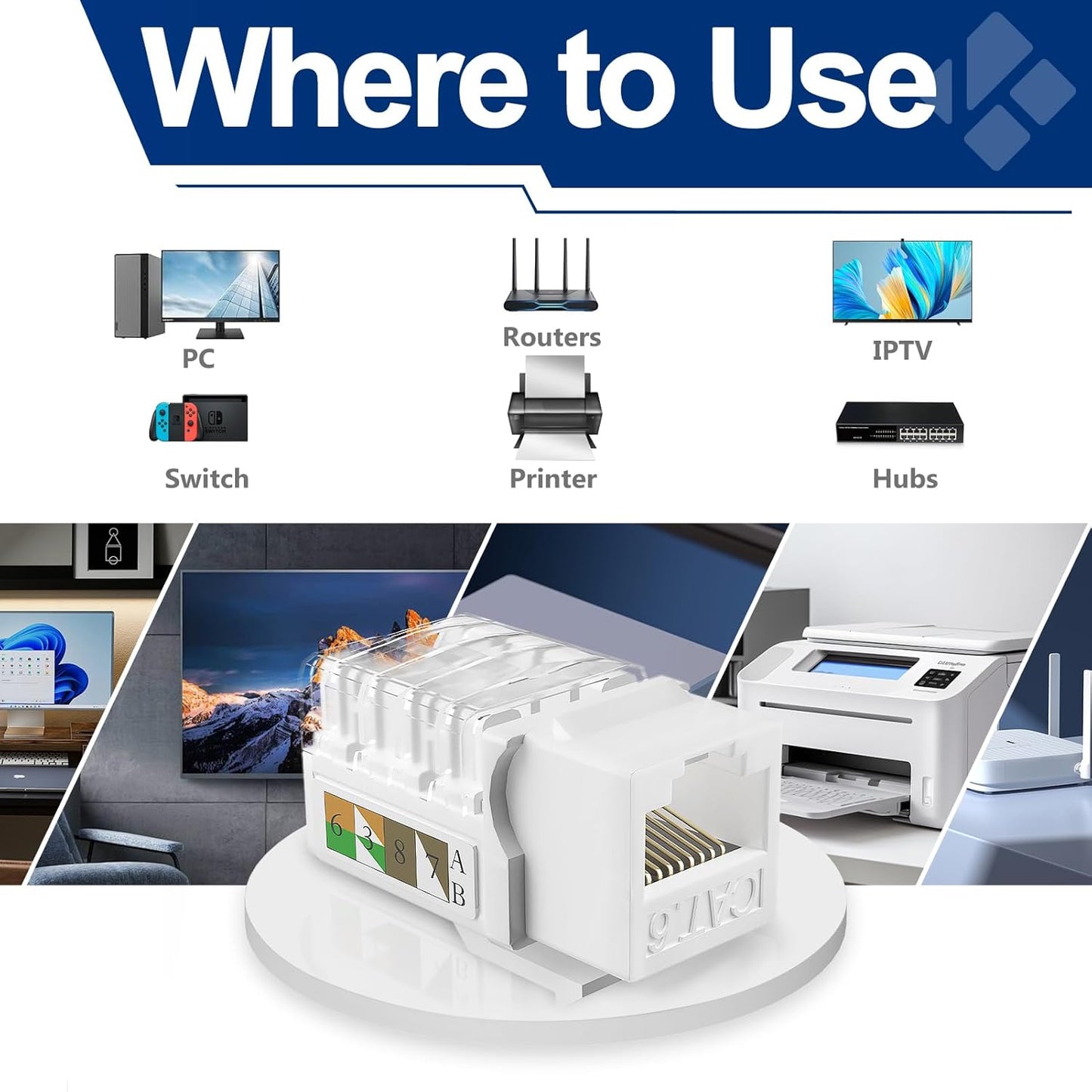 Keystone Jack 25-Pack, RJ45 Cat6 Keystone Jacks, Cat6 Ethernet Jack 90 Degree Punch Down Stand for Patch Panel & Wall Plate, White