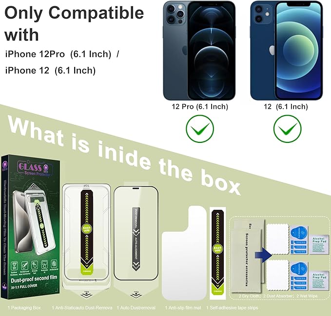 (2-Pack Ultra HD Clear Screen Protector for iPhone 12/12 Pro (6.3-Inch),9H Tempered Glass,Full Coverage,Anti-Fingerprint,Auto Dust Removal,Bubble-Free,Easy Installation