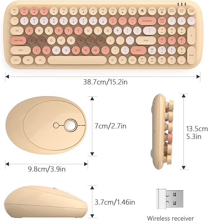 KNOWSQT Wireless Keyboard and Mouse Combo, Light Milktea 100 Keys 2.4 GHz Round Keycap Typewriter Ctue Keyboards, USB Receiver Plug and Play, for Windows, PC, Laptop, Computer, Desktop