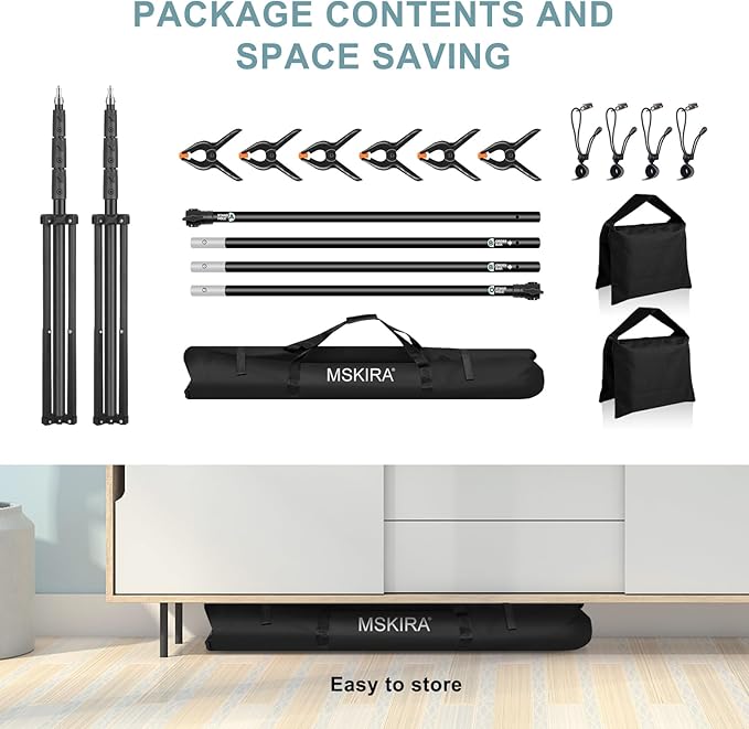 10.2x10Ft Heavy Duty Backdrop Stand, MSKIRA Adjustable Backdrop Support System Kit, Photoshoot Background Stand for Parties, Advertising Display with 6 Clamps, 4 Clips, 2 Sandbags, Carry Bag