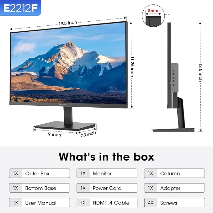KOORUI 22 Inch Computer Monitor Full HD 1080P 100Hz PC Gaming Screen VA Panel Ultra-Slim Display 3000:1 Contrast Ratio with Adpitive Sync (HDMI/VGA/VESA Compatible 100x100mm/Audio Out), Tilt, Black