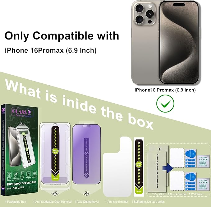 (2-Pack Anti Blue Light Matte Screen Protector for iPhone 16 Pro Max (6.9-Inch),9H Tempered Glass,Anti-Glare,Full Coverage,Anti-Fingerprint,Auto Dust Removal,Bubble-Free