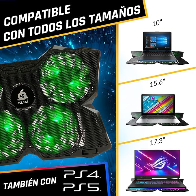 KLIM Wind Laptop Cooling Pad - Support 11 to 17 Inch Laptops, PS4-4 Fans - Light, Quiet, Powerful Cooling - Gamer USB Slim Portable Laptop Stand - New 2021 Version - Green