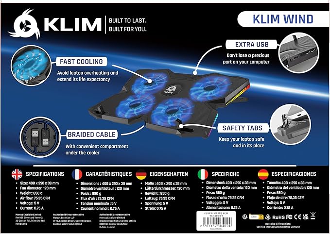 KLIM Wind Laptop Cooling Pad - More Than 500 000 Units Sold - New Version - The Most Powerful Rapid Action Cooling Fan - Laptop Stand with 4 Cooling Fans at 1200 RPM - USB Fan - PS5 PS4 - RGB