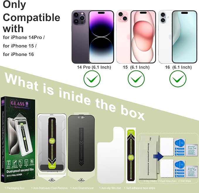 (2-Pack Matte Privacy Anti-Spy Screen Protector for iPhone 14 Pro/15/16 (6.1-Inch),9H Tempered Glass,Anti-Glare,Full Coverage,Anti-Fingerprint,Auto Dust Removal,Bubble-Free