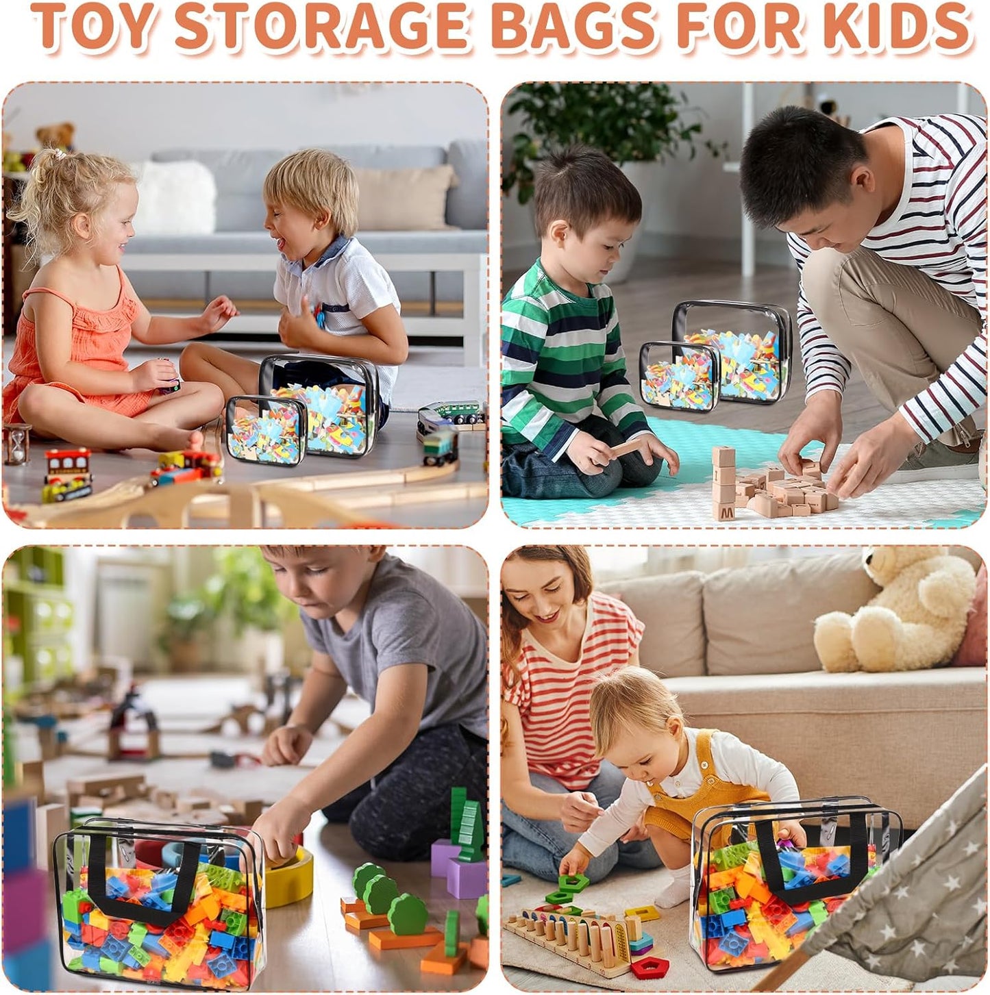 18 Packs Large Toy Storage Bags with Labels, Clear PVC Bags Travel Waterproof Kids Toy Organizer Bags with Zipper for Building Blocks Puzzle Kids Books (Black)
